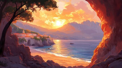 Sunset view from a coastal cave overlooking a Mediterranean village.