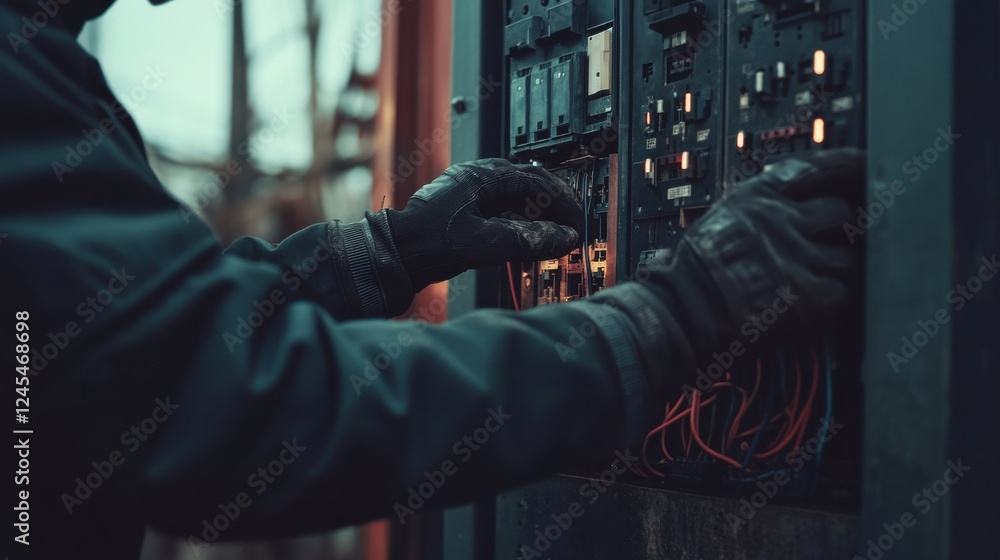 Poster close-up shot of an electrician working on an open electrical panel with neatly arranged wires while