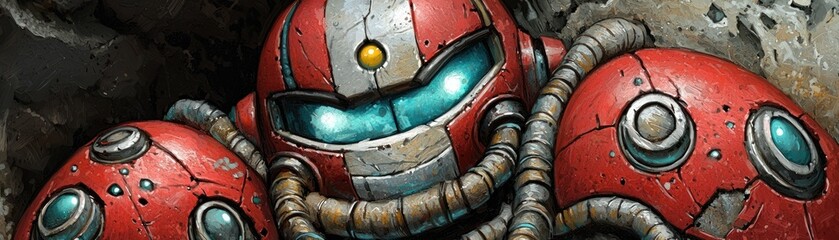 Red robot in rubble, hiding; dark background; sci-fi concept art