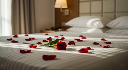 Special occasion: A hotel room decorated with red rose petals and a single rose creates a romantic atmosphere for a memorable stay
