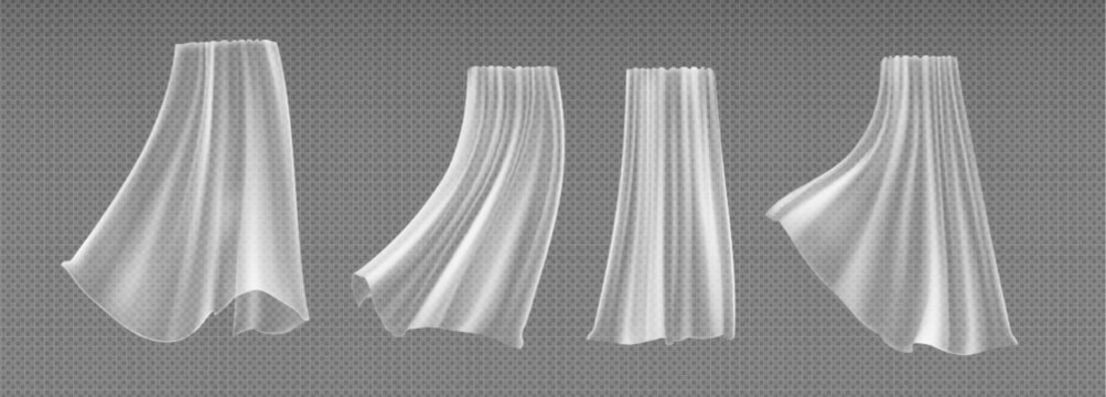 Curtain window wind simulation - transparent white fabric movement. Billowing drapery set of flowing textile shapes in different positions. Realistic 3D dynamic sheer material waves in motion.