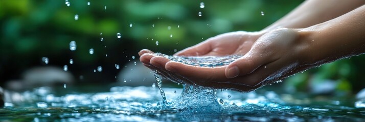 Pair of Hands Gently Holding Water in Nature Symbolizing Peace, Serenity, and Connection to Life and Environment in a Tranquil Setting