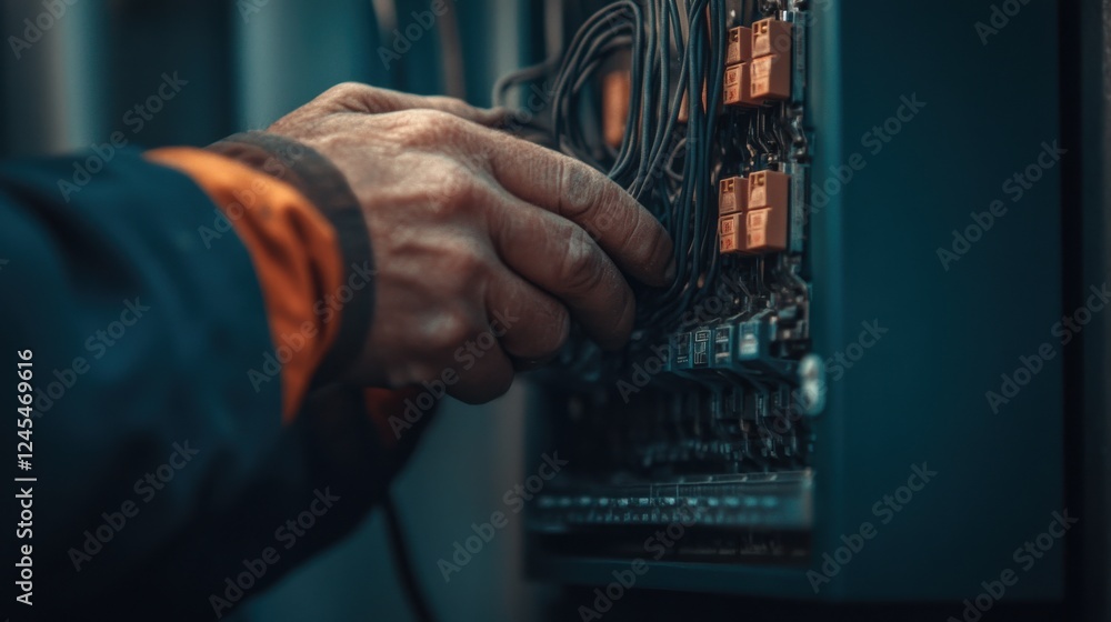 Poster close-up image of an electrician's hands connecting wires inside a fuse box with careful precision u