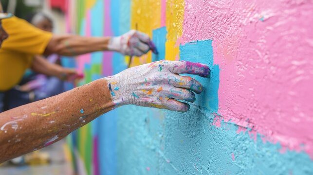 Colorful Mural Painting Activity with Hands and Brushes in Focus