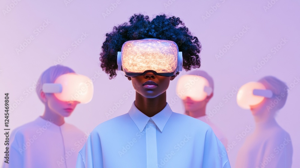 Poster futuristic vr collaboration in neon-lit workspace diverse professionals engaging with holographic in