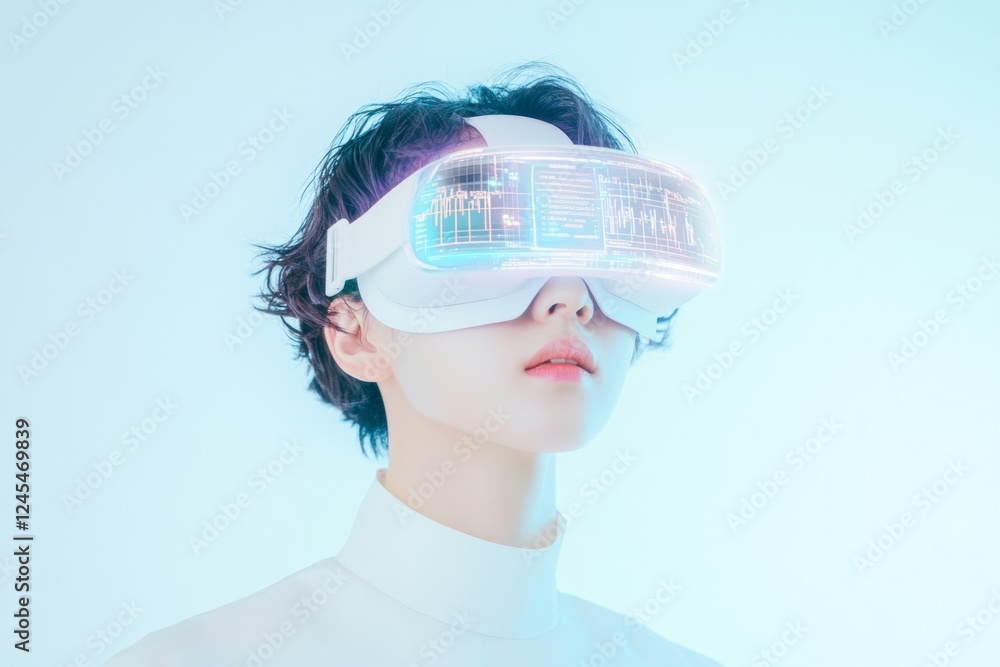 Poster futuristic virtual workspace young professional with vr headset in sleek minimalist setup for remote