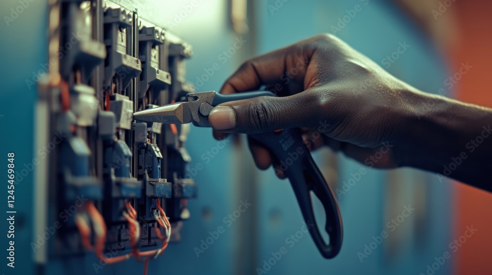 Poster close-up shot of an electrician using pliers to secure a connection inside an electrical cabinet wit