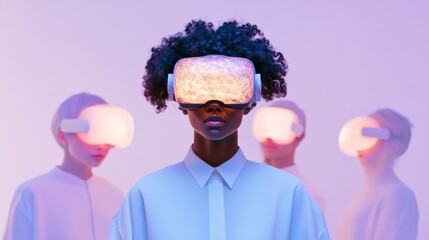 Futuristic VR Collaboration in Neon-Lit Workspace Diverse Professionals Engaging with Holographic Interfaces for Tech-Driven Business Innovation and Creative Solutions