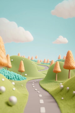 Clay Style Vertical Illustration Background, Winding Mountain Road, Soft Green Hills, Cone Pine Trees, Fluffy White Clouds, Cute Round Pearls