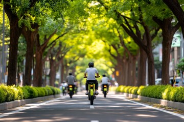 Eco-Urban Commute E-Bike Riders on Green Corridor with Lush Trees Sustainable Transit Solutions and Eco-Friendly Urban Living Content for Green Initiatives