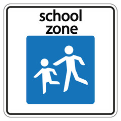 Blue and white school zone road sign showing two children crossing, promoting safety and caution for drivers