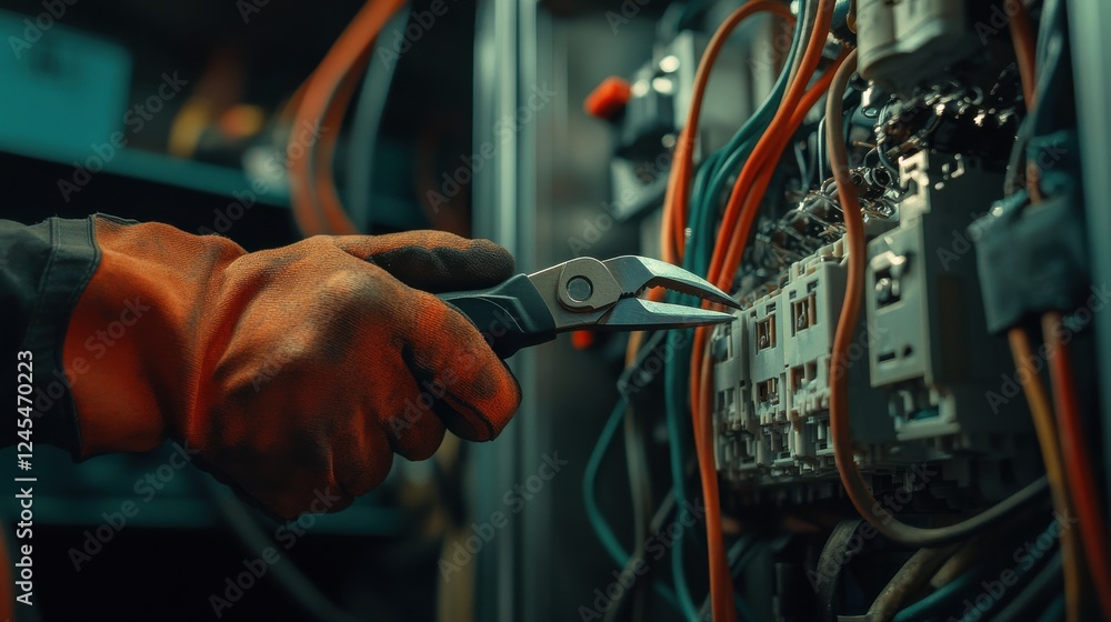 Poster close-up shot of an electrician using pliers to secure a connection inside an electrical cabinet wit
