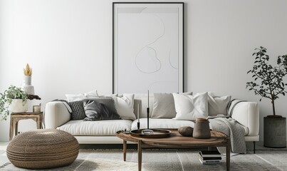 Living Room, White sofa with pouf set near green plant in pot and wooden coffee table for relaxing.