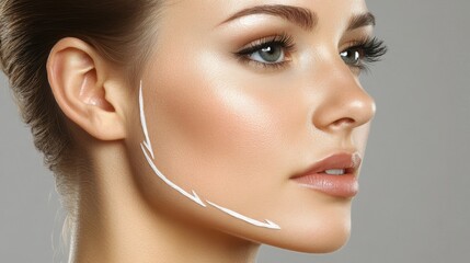 Woman with perfect skin after cosmetic treatment on grey background. Lifting arrows on her neck and face