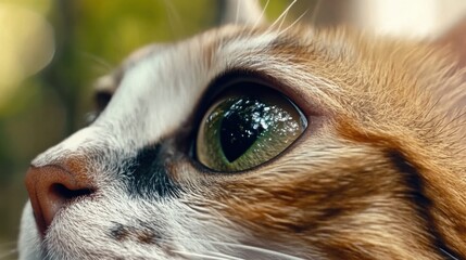 A stunning close-up of a cat's eye reveals intricate details and a mesmerizing green hue, capturing the essence of feline beauty and wild curiosity in nature.
