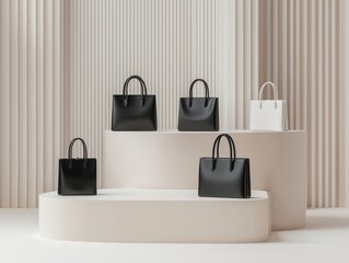 Three black and white bags placed on a white pedestal for display in a minimalistic setting