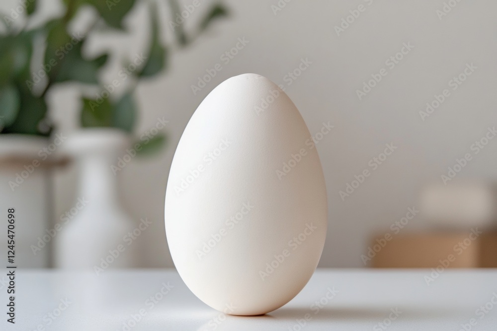 Aufkleber minimalist egg sculpture on sleek white surface with soft-focus greenery - modern art display for co