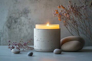 Lit concrete candle, stones, flowers, textured background, spa