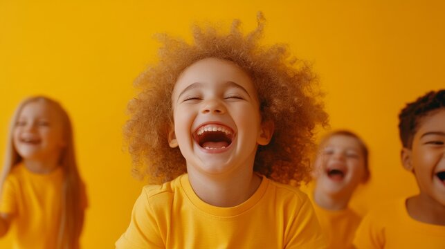 Vibrant Early Learning Joyful Group of Preschoolers with Educator in Energetic Yellow Room - Creative Arts and Education Marketing for Child Development Programs