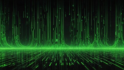 Futuristic digital binary code background, flowing neon green binary streams, high-tech, dynamic design