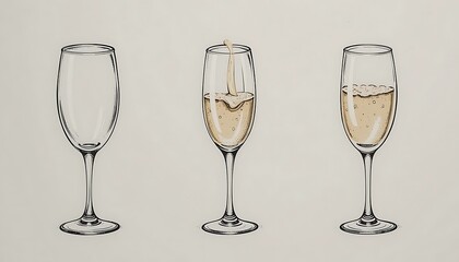 Three elegant champagne flutes: empty, filling, and full, a detailed illustration showcasing the process of pouring sparkling wine.