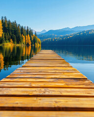 Fototapeta premium serene wooden dock stretches over calm water, surrounded by vibrant trees