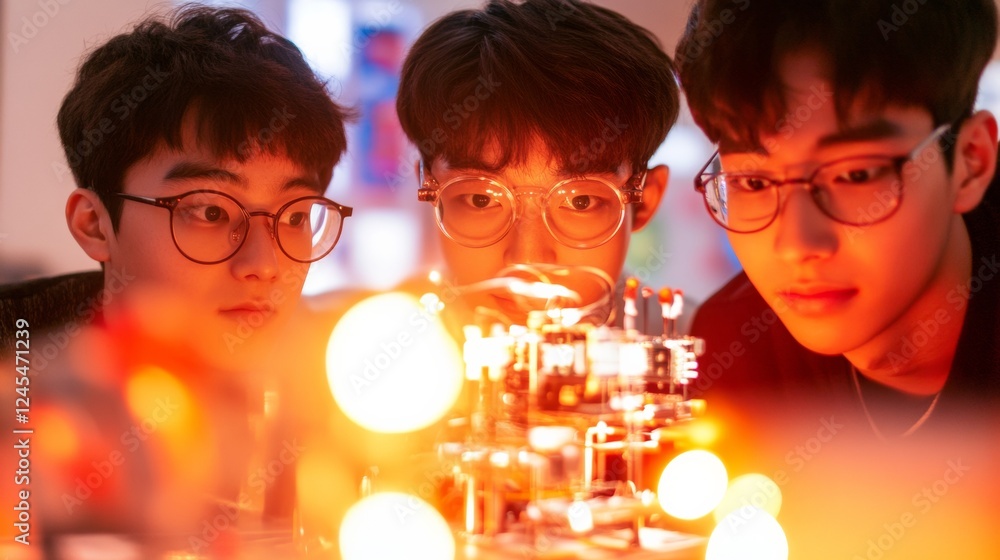 Aufkleber Tech-Driven Collaboration Korean Teenagers Innovating with Robotics in Vibrant Maker Space - Modern STEM Education and Commercial Tech Inspiration