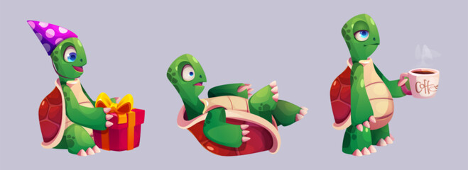 Cute cartoon turtle set in different poses - holding birthday present with party hat, scared lying on shell, sleepy walking with cup of coffee. Green reptile mascot with cheerful expressions.