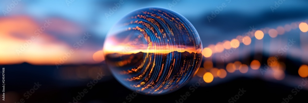 Poster digital trading hub futuristic glass sphere reflecting market data in vibrant sunset - finance and t
