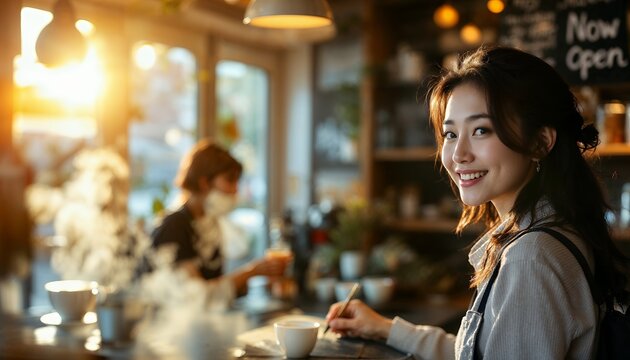 Smiling Woman Writing in Cozy Coffee Shop at Sunset