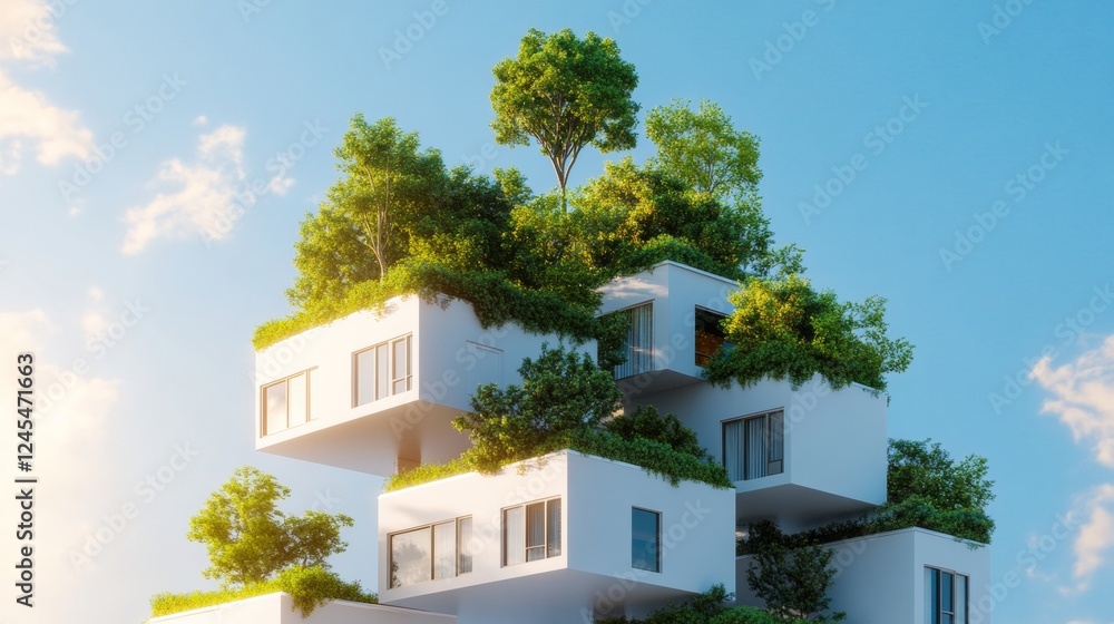 Aufkleber Urban Eco-Architecture Modular Green Block with Vertical Gardens and Solar Integration for Smart Cities - Sustainable Design and Future-Ready Infrastructure Development