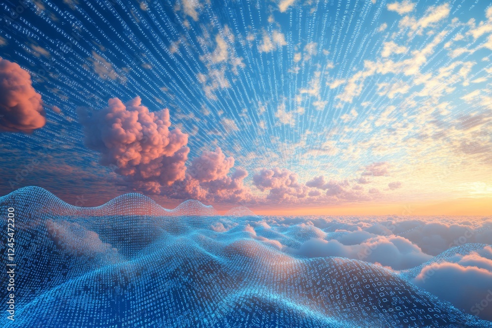 Poster digital data streams flow into sunset cloudscape