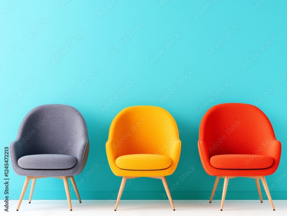 Poster chic minimalist desk pods tri-color ergonomic seating on blue backdrop - modern educational visuals 