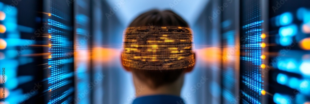 Poster Futuristic Data Center Corridor Illuminated Server Racks and Networking Equipment - Tech Infrastructure for Enhanced Digital Operations and Data Management Efficiency