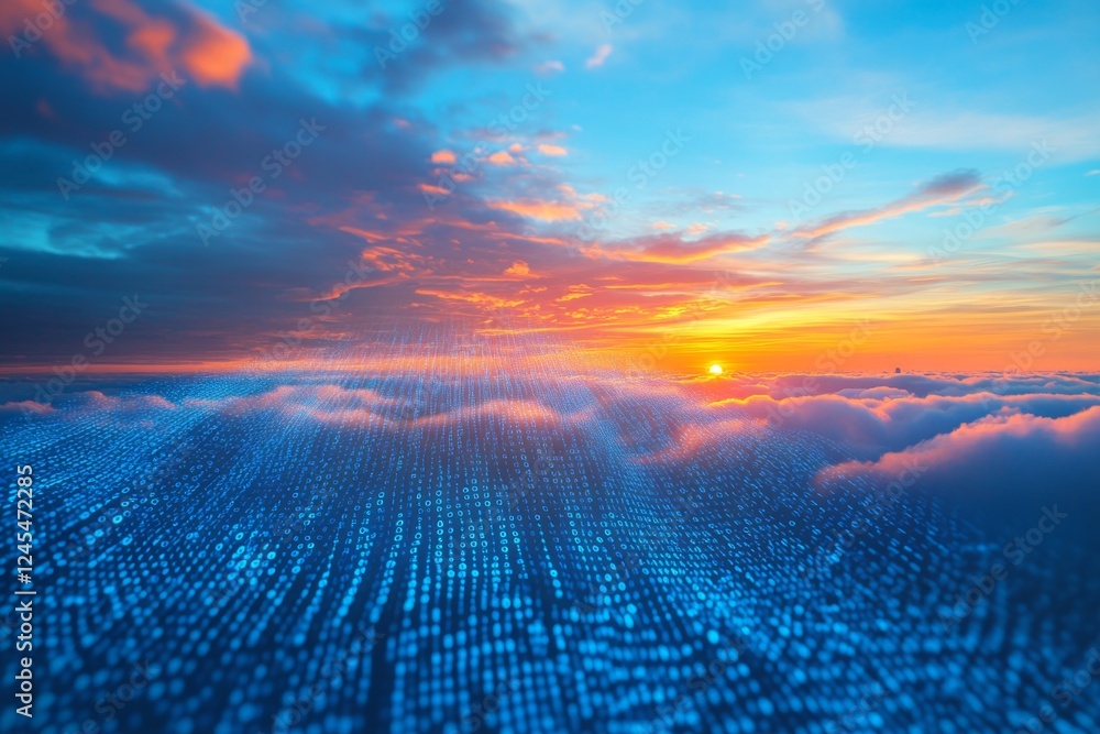 Poster digital data flows over clouds at sunset; network concept