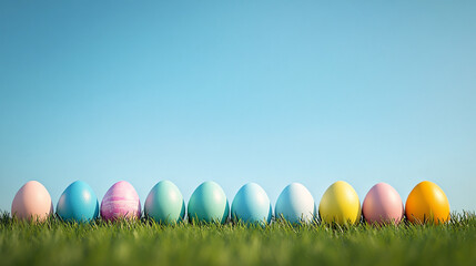 Pastel Easter eggs soft gradient blue sky smooth matte delicate floating arrangement festive decorative holiday composition