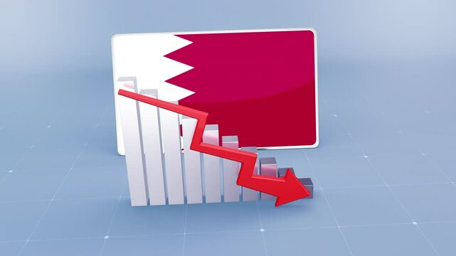 Bahrain country flag and bar chart graph showing decreasing values a red arrow economic crisis concept. Flag of Bahrain