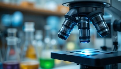 Close-up of a high-powered laboratory microscope with a shallow depth of field, showcasing intricate details and scientific precision.
