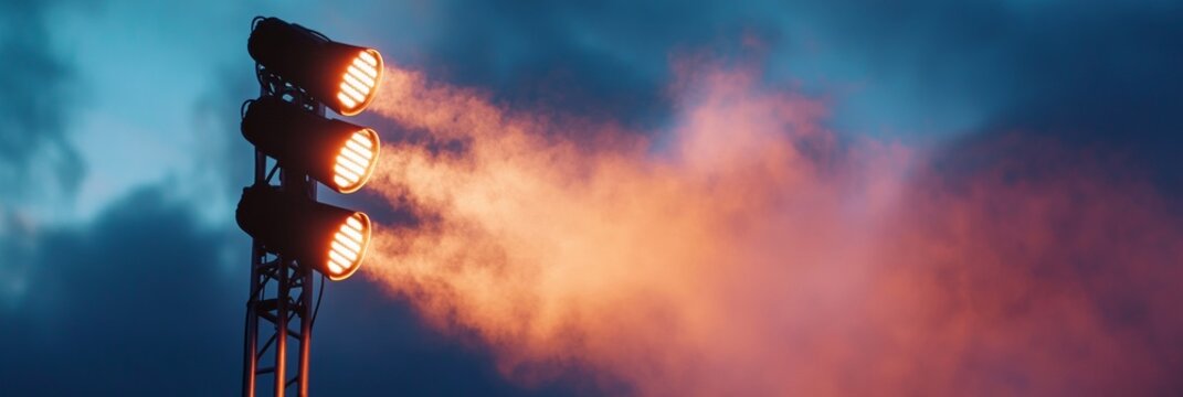 Industrial Stadium Lighting Steel Framework Spotlight Array Against Dusky Sky - Event Planning and Venue Enhancement for Dynamic Sporting Atmospheres