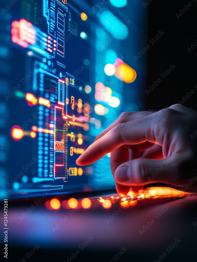 Poster Futuristic Data Interface Hand Interacting with Neon Control Panel for High-Tech Data Centers - Cutting-Edge System Management and Digital Operations Enhancement