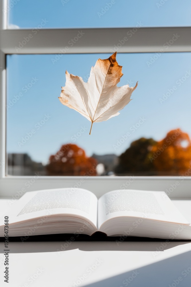 Poster scandinavian reading retreat autumn leaf floats over open book in sunlit nook for cozy workspace and
