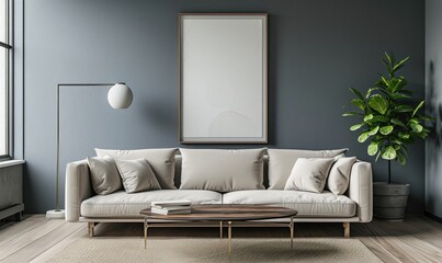 Modern living room interior, Beige sofa near stylish lamp and wooden coffee table, and a large abstract painting on a grey wall.