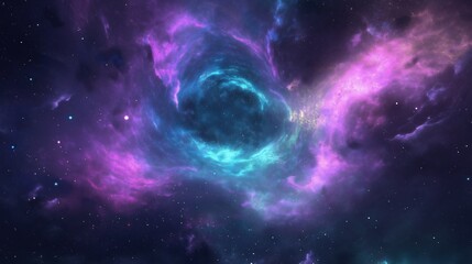 Cosmic vortex with glowing teal and purple nebula in deep space