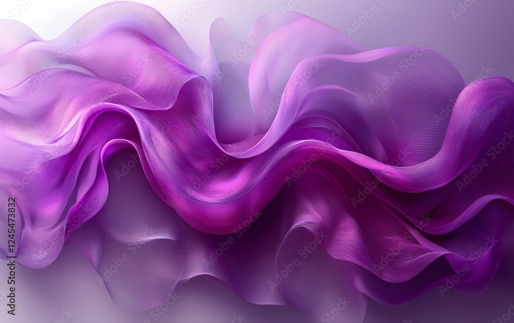 Poster a captivating abstract composition featuring flowing waves of translucent purple fabric, creating a 