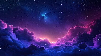 Dreamy cosmic night sky with glowing purple clouds and twinkling stars