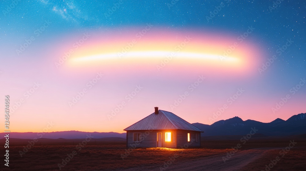 Poster futuristic cosmic aesthetics glowing ufo hovering above remote cabin in starry mountainscape - digit