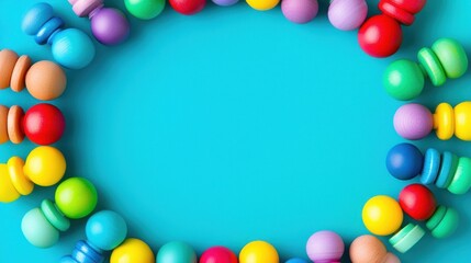 Colorful balls frame, blue background, copy space, playful design, website banner