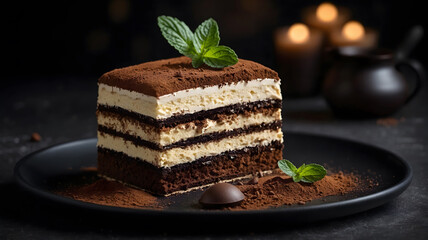 Tiramisu cake on a black plate with cocoa powder. Perfect for food blogs, restaurant menus, dessert recipes, and promotional materials
