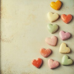 Obraz premium Colorful assortment of candy hearts scattered on a wooden table surface