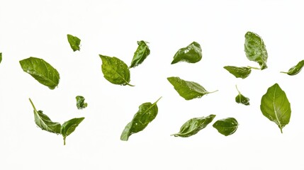 Fresh basil leaves in air on white background